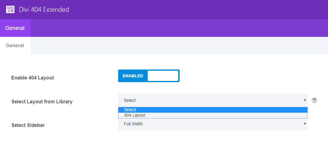 Divi 404 extended select layout panel