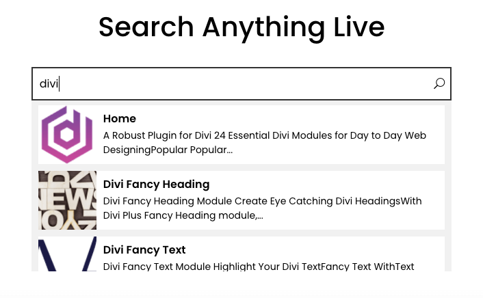 Ajax live search module for Divi theme