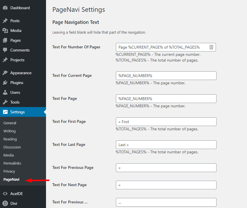 WP-PageNavi WordPress Dashboard settings