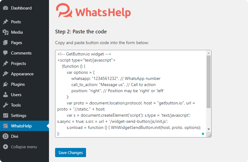 Paste the code in the WhatsHelp form