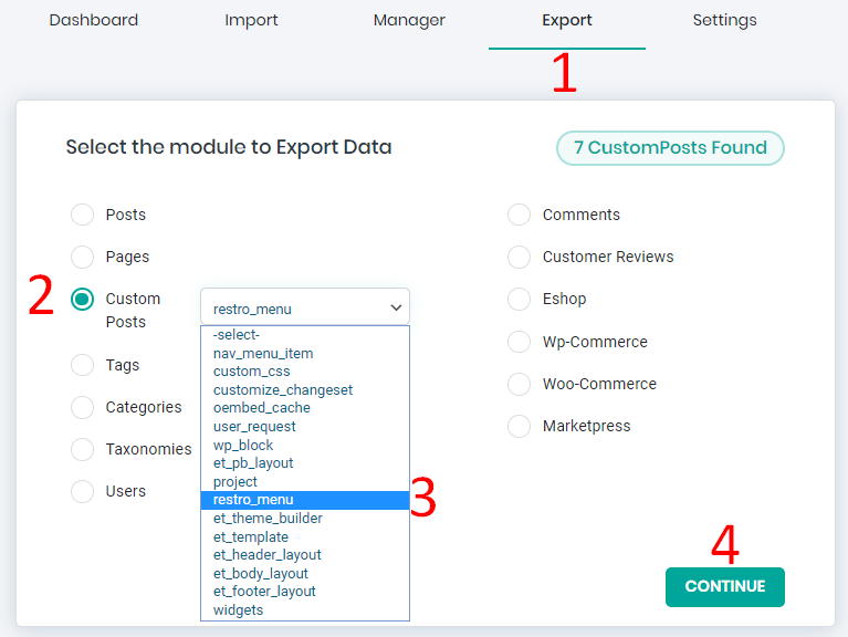 restaurant food menu items export in a CSV file