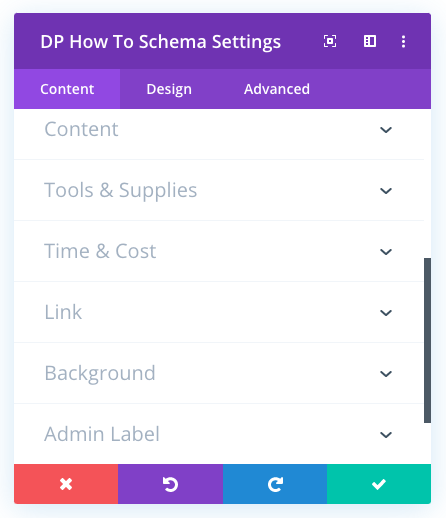 Divi plus how to schema module and its content tab menus that showcase settings to create Divi structured data