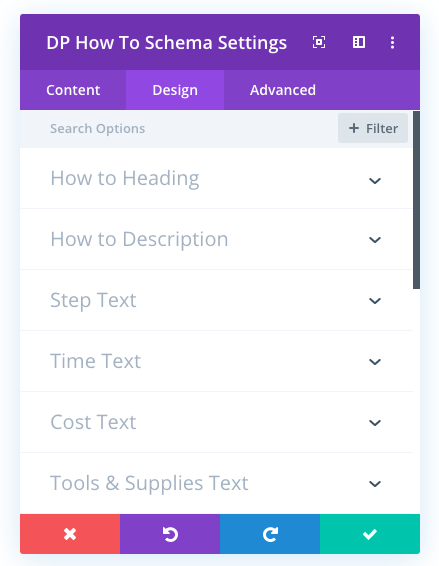 Divi plus how to schema module's design settings to create Divi structured data pages