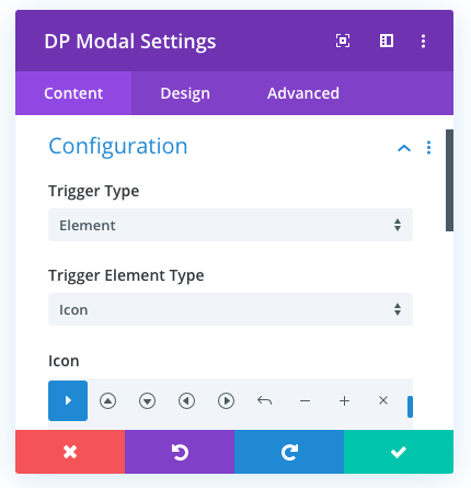 Divi modal configuration settings with element trigger type