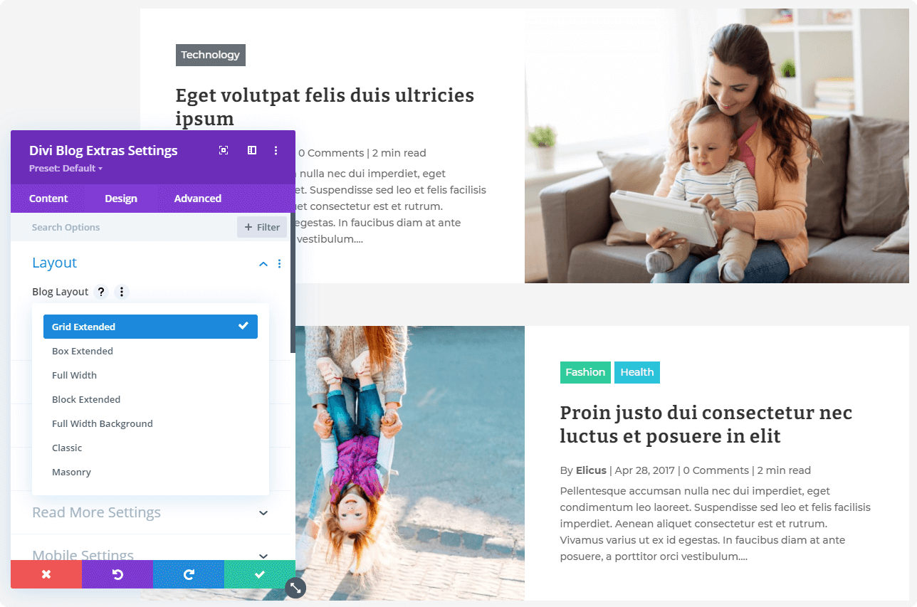 divi blog extras module layout selection