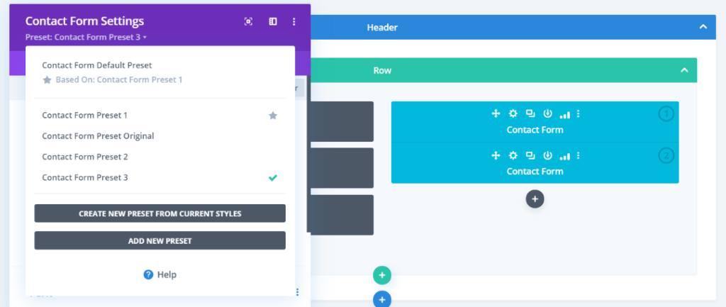 Contact forms' Presets list