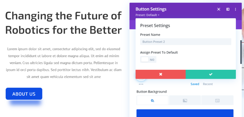 Divi Presets Settings panel