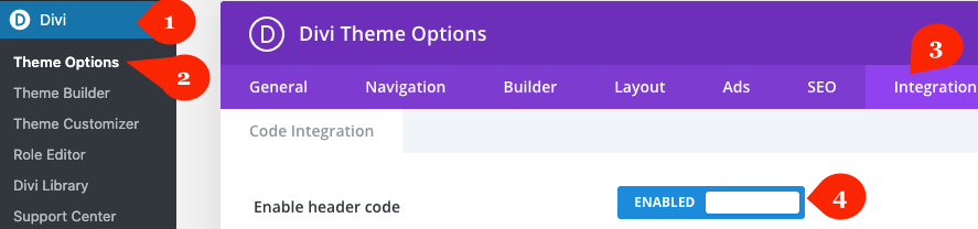 Divi Theme Options' Integration tab with Enable header code