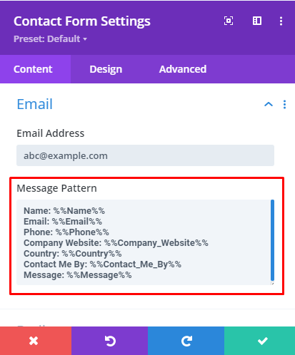 Divi contact form custom message pattern