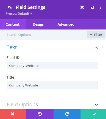 Divi contact form field settings