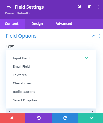 Divi contact form field types