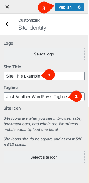 Site title and tagline settings inside the customize options