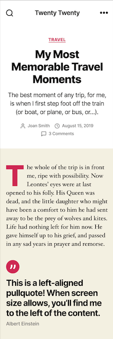 WordPress 5.3 Default theme Twenty Twenty Blog post (Mobile)