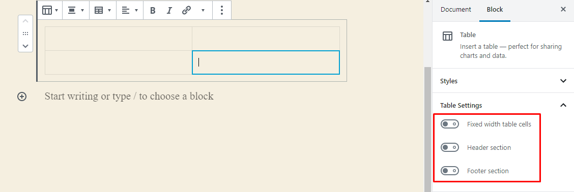 WP 5.3 Gutenberg Table Block Header and Footer