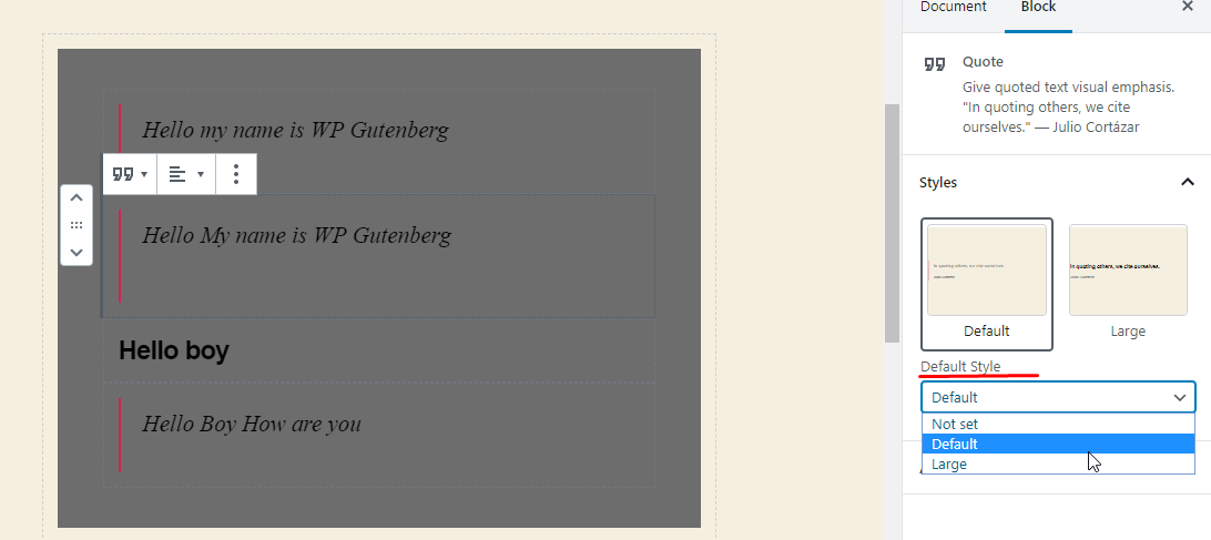 WordPress 5.3 Gutenberg with Quote default style
