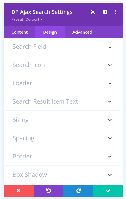 Divi Ajax Search module and its design tab