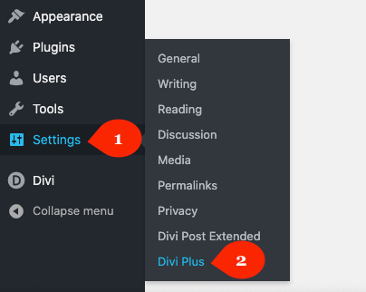 Divi Plus in settings menu WordPress dashboard