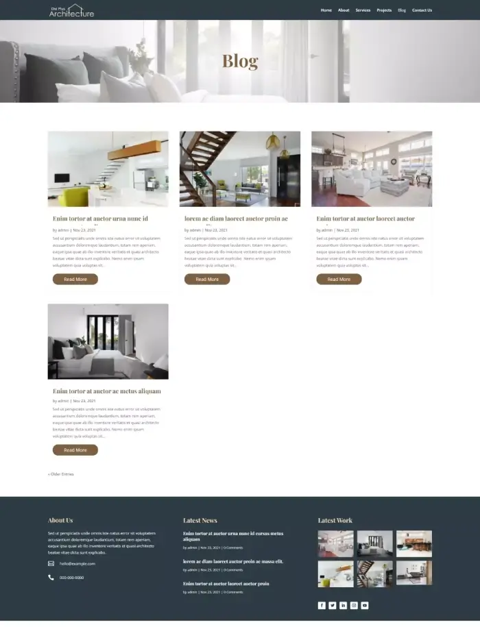 Divi Plus Architecture child theme blog page