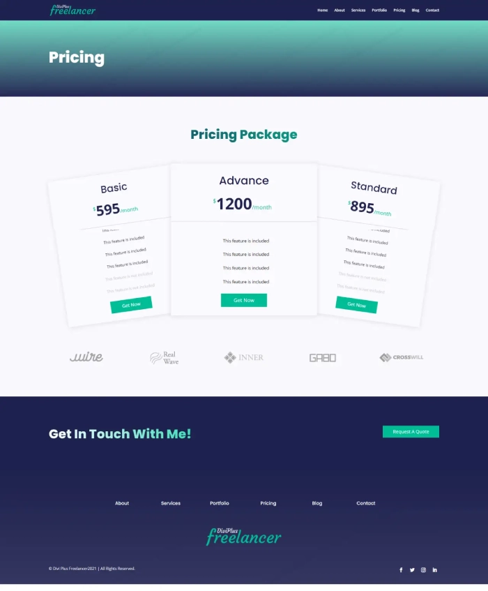 Divi Plus Freelancer child theme pricing page