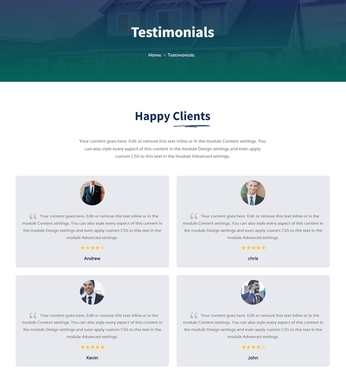 Divi Plus Home Buyers child theme testimonial page