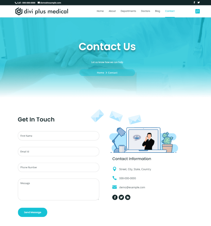 Divi Plus Medical Child theme and its contact page