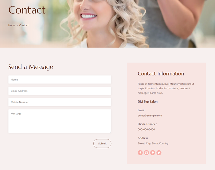 Divi Plus Salon child theme contact page