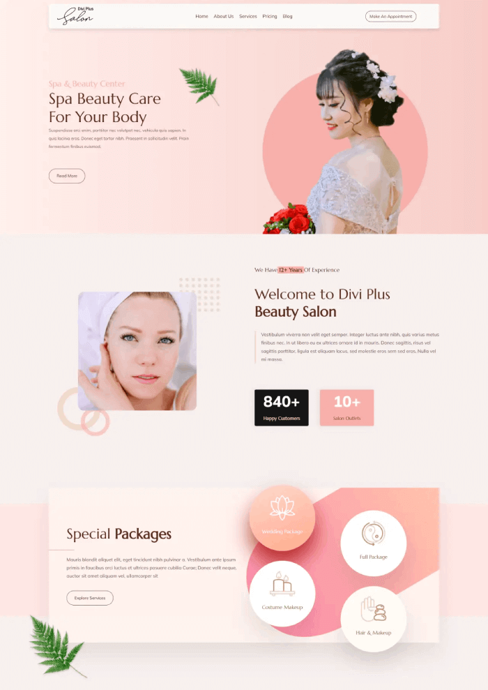 Divi Plus Salon child theme homepage