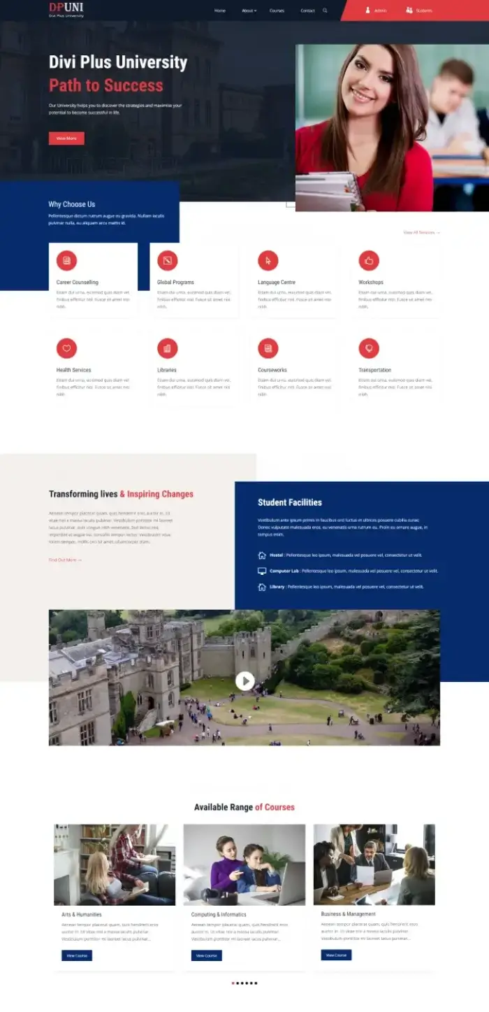 Divi Plus University child theme homepage