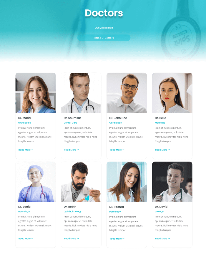 Doctors page in medical free Divi child theme