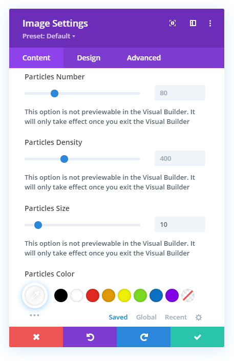 Default settings of Divi Plus Particles Background Extension
