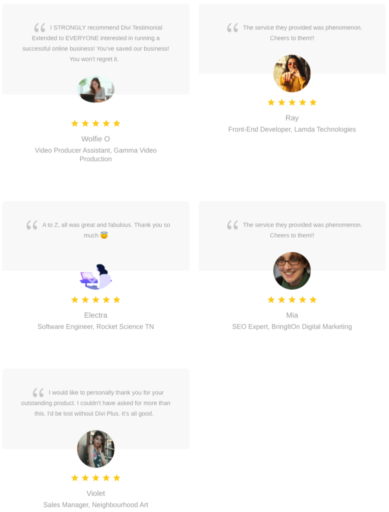 Client reviews in a grid formation