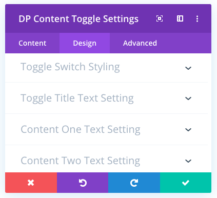 Divi Plus Content Toggle module with design settings