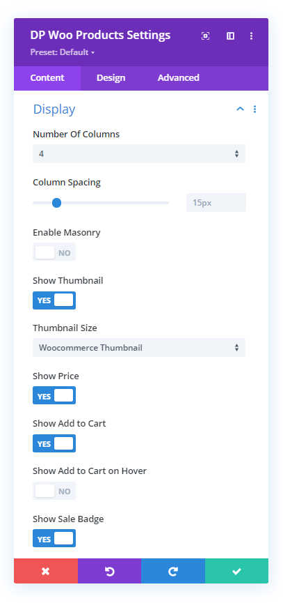 Divi Plus WooCommerce Products Display settings