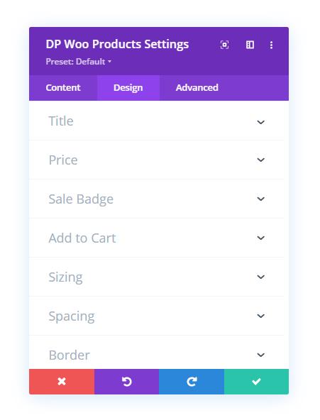 Divi Plus WooCommerce Products module and its design tab