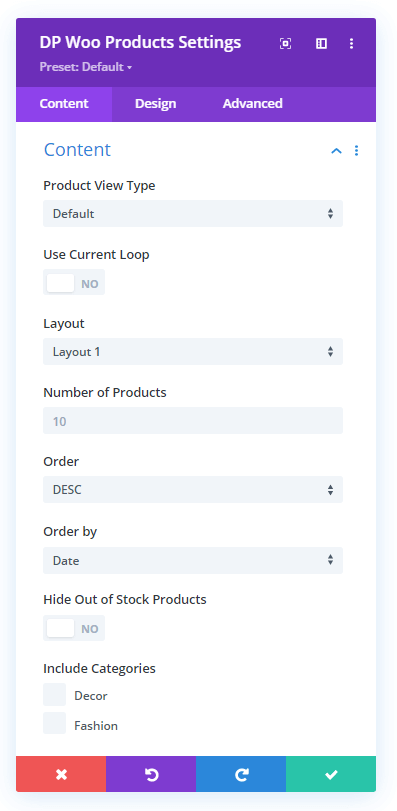 Divi Plus WooCommerce Products module content settings