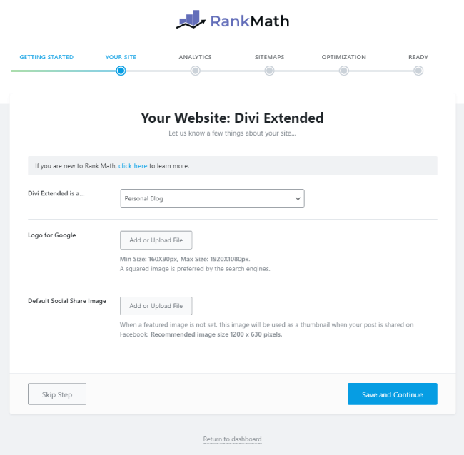 Rank Math your site step in setup wizard