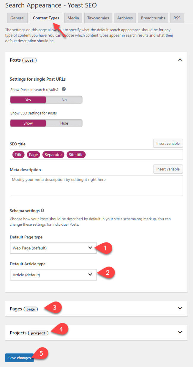 Schema Markup options in Yoast SEO