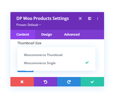 Thumbnail Size option in the Divi Plus WooCommerce Products