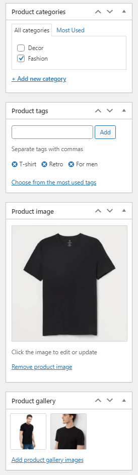 WooCommerce product editor and its sidebar