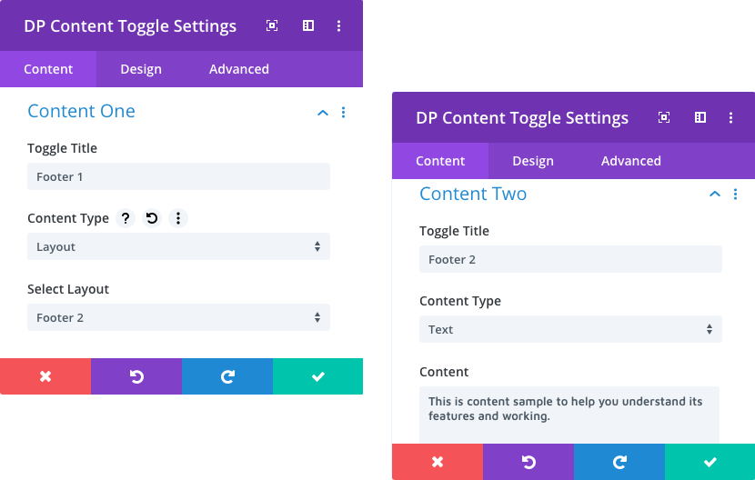 Divi Plus Content Toggle module with content settings