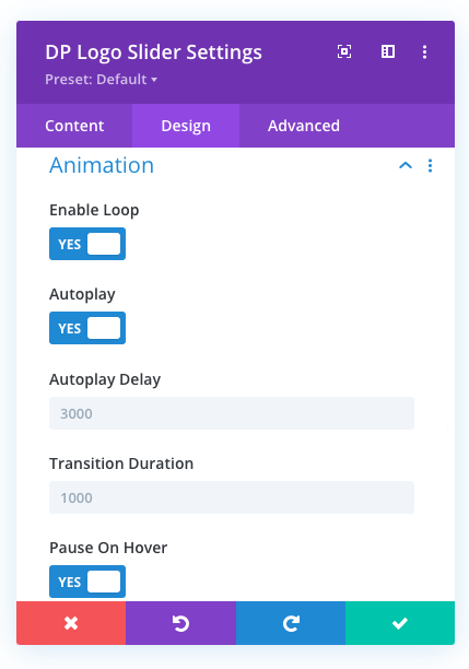 Animation options for Divi logo carousel of Divi Plus plugin