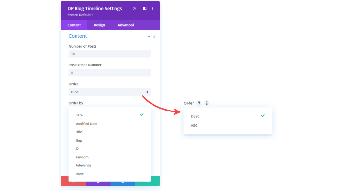 Divi Plus Blog Timeline module and its Content settings