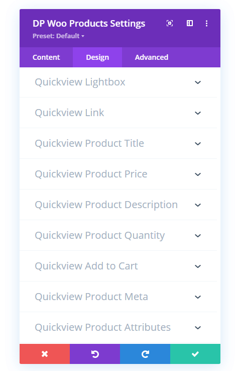 Divi Plus WooCommerce module with quickview settings