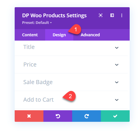Opening Add to Cart button settings for Woo Products module