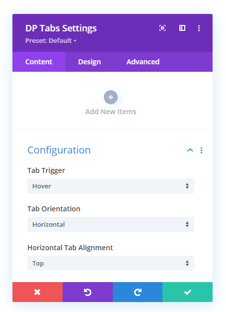 Divi Plus vertical tabs module primary settings