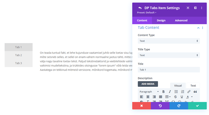 Divi vertical tabs individual items settings