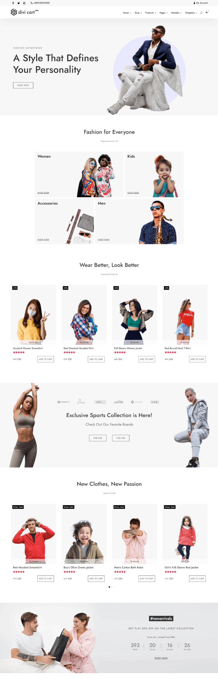 Divi Cart Pro Classic fashion homepage