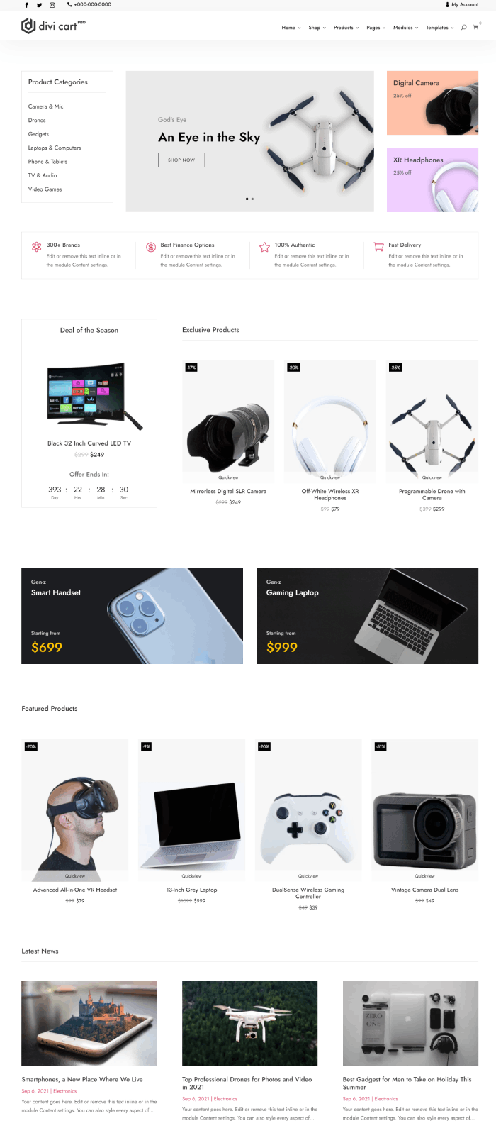 Divi Cart Pro Electronics homepage