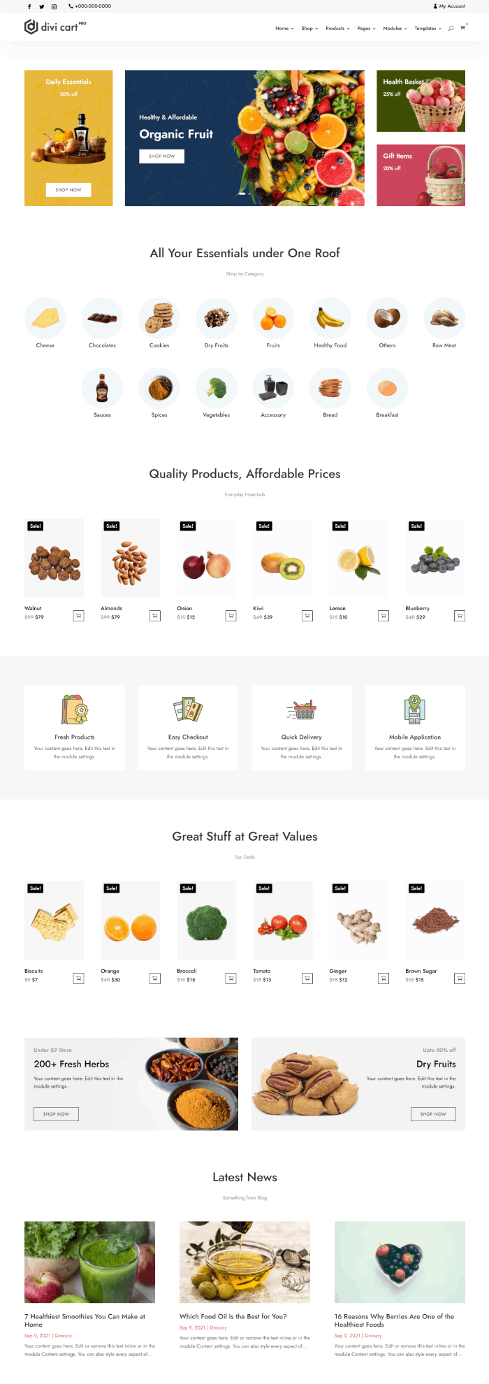 Divi Cart Pro Grocery homepage