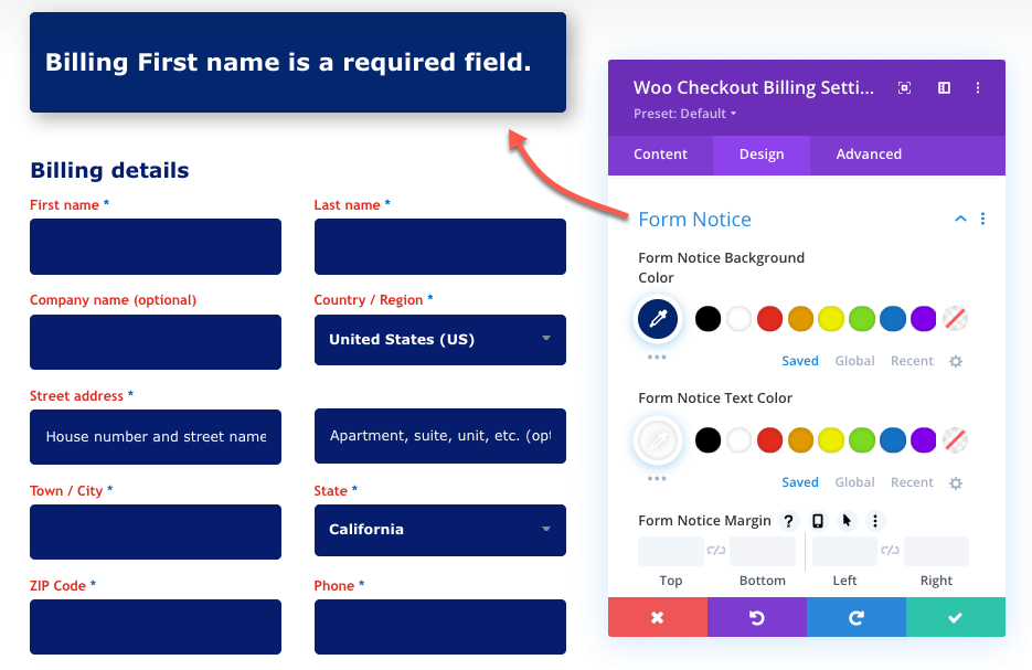 Checkout billing form notice in Divi Modules for WooCommerce